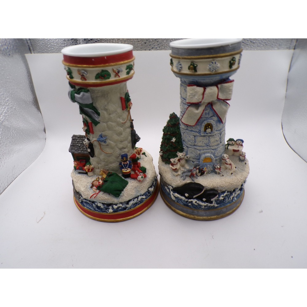 Cheryl Spencer Collin Christmas Lighthouse‎ Candlestick Holders The Danbury Mint